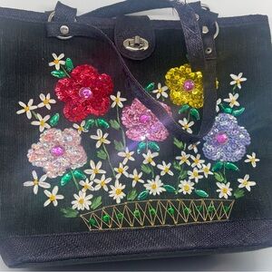 Betsey Johnson Black Tote with Colorful Floral Sequins vintage